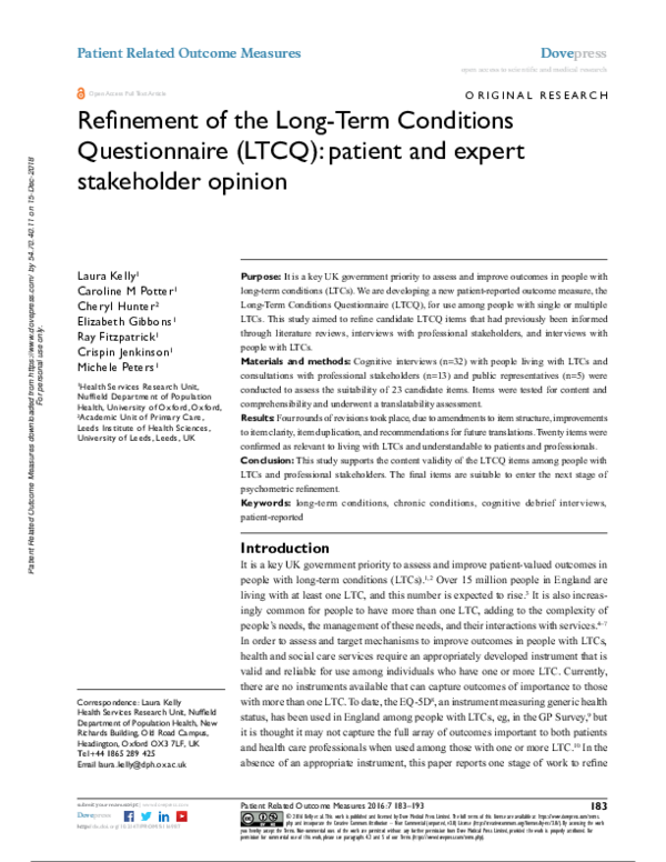 (PDF) Refinement of the Long-Term Conditions Questionnaire (LTCQ ...