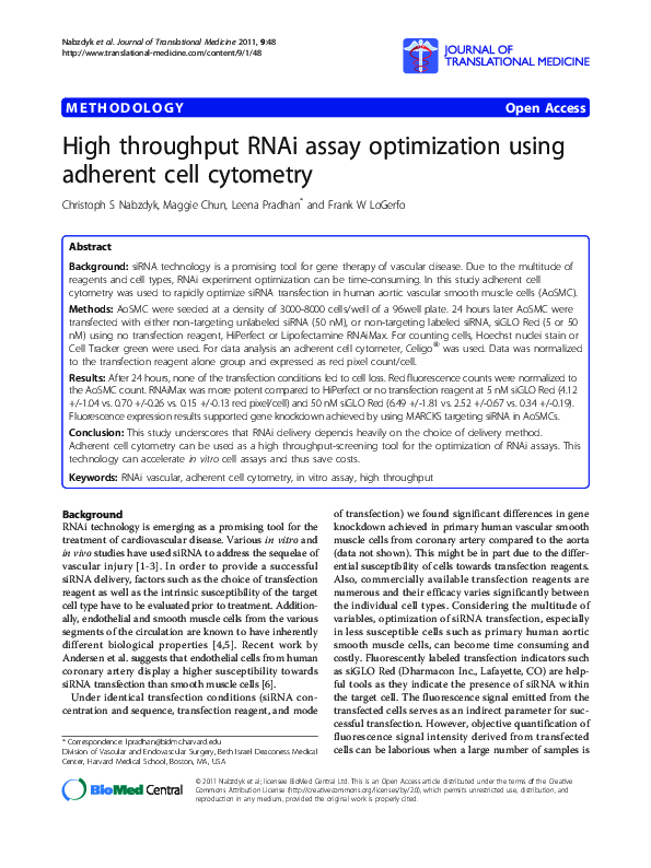 (PDF) High throughput RNAi assay optimization using adherent cell cytometry