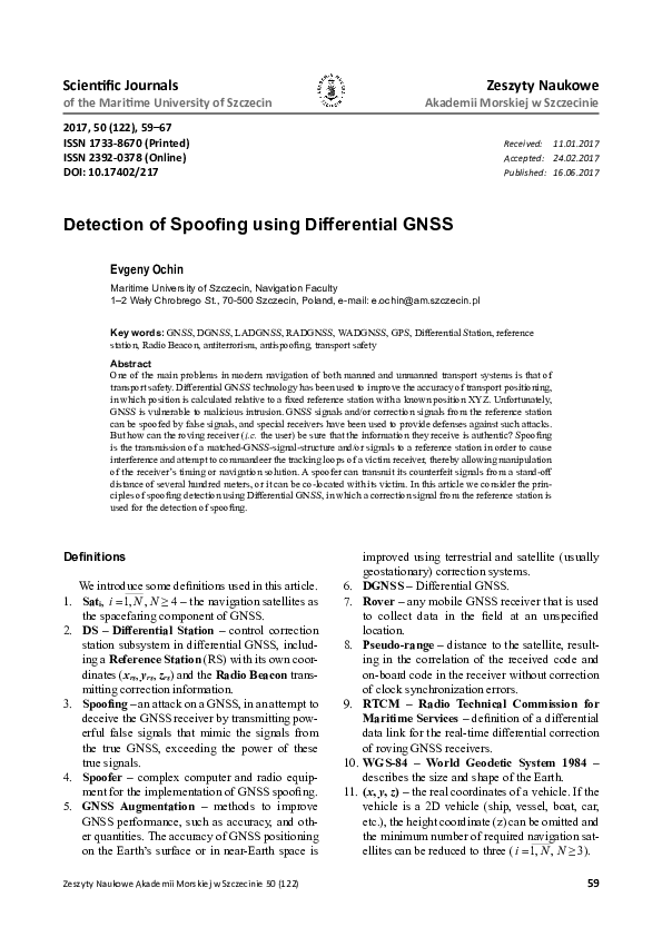 (PDF) Detection of Spoofing using Differential GNSS
