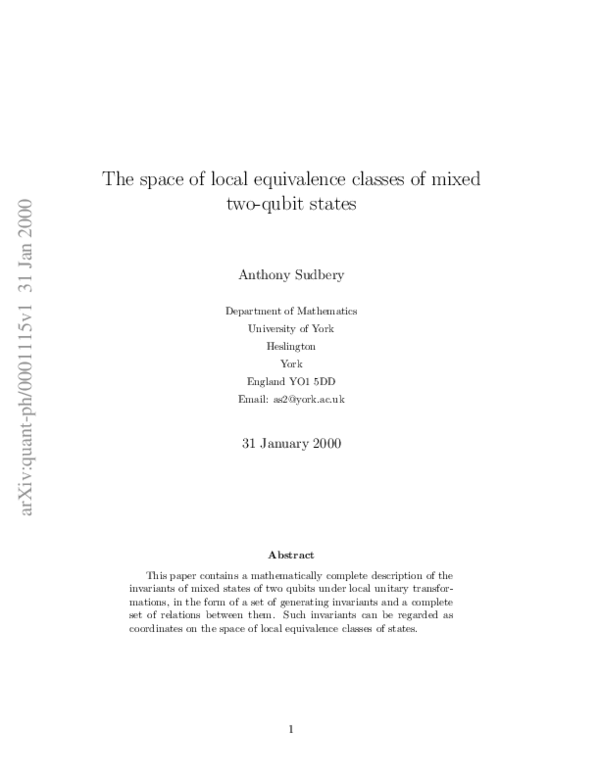 (PDF) The space of local equivalence classes of mixed two-qubit states