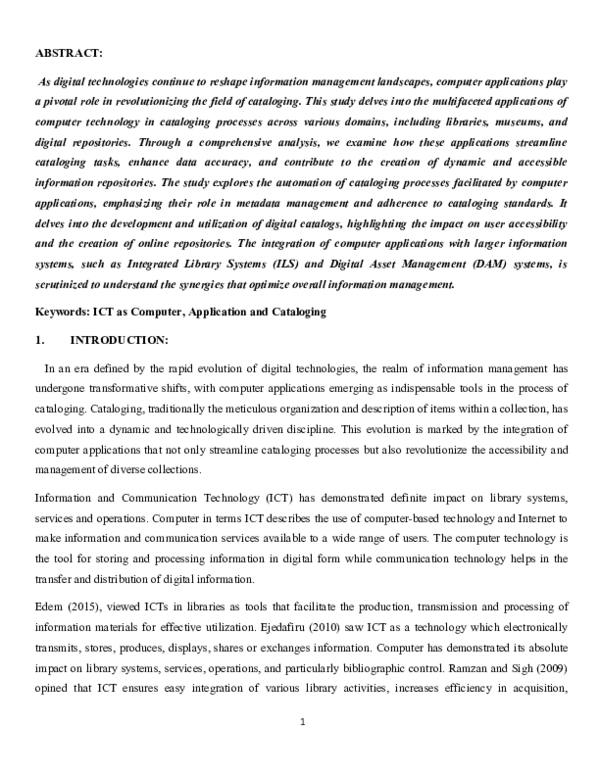 (DOC) Applications of computer technology in cataloging