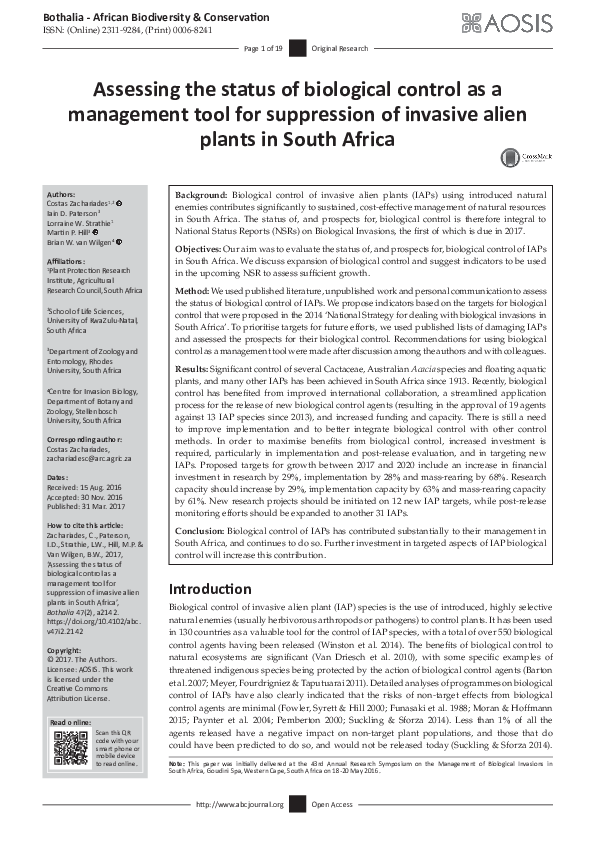 (PDF) Assessing the status of biological control as a management tool ...