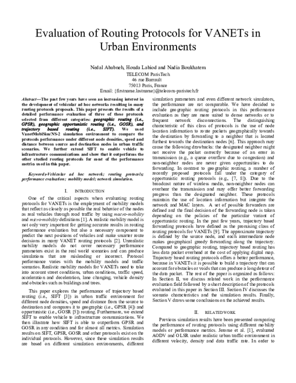 (PDF) Evaluation of routing protocols for VANETs in urban environments