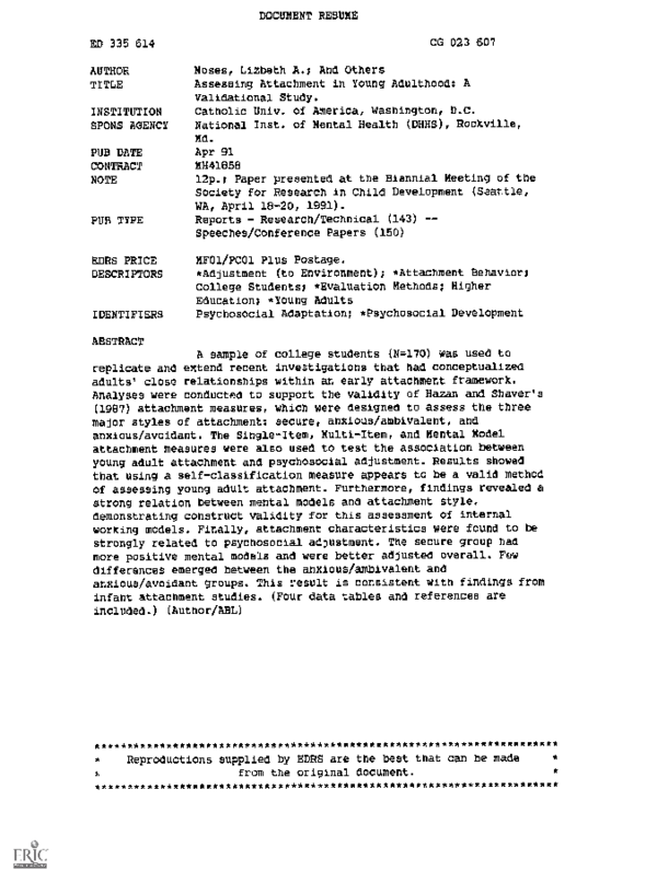 (PDF) Assessing Attachment in Young Adulthood A Validational Study