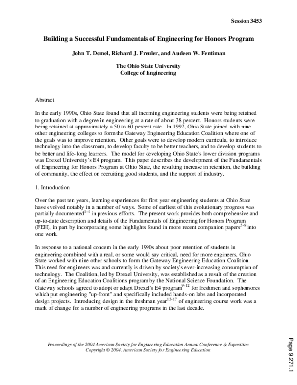 (PDF) Building A Successful Fundamentals Of Engineering For Honors Program