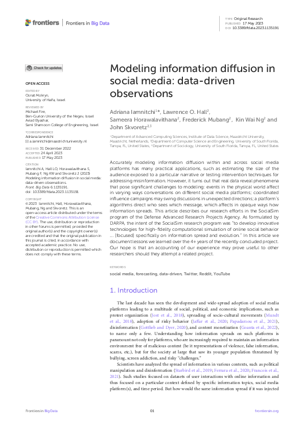 (PDF) Modeling information diffusion in social media: data-driven ...