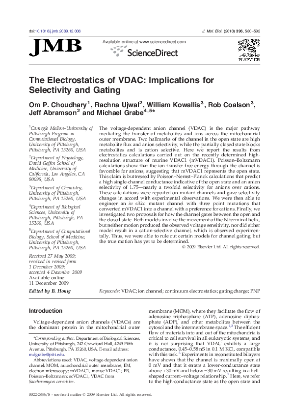 (PDF) The Electrostatics of VDAC: Implications in Selectivity and Gating
