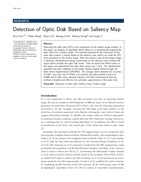 (PDF) Detection of OpticDisk based on Saliency Map