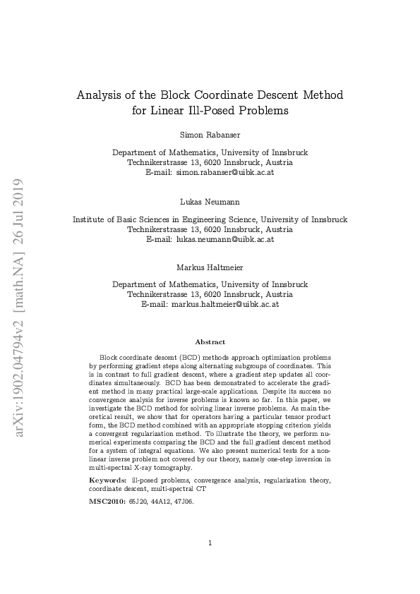 (PDF) Analysis of the Block Coordinate Descent Method for Linear Ill ...