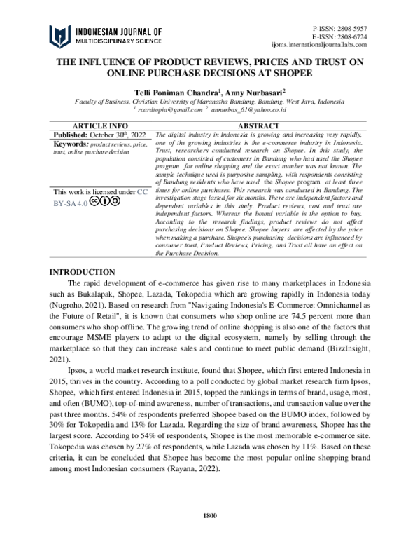 (PDF) The Influence of Product Reviews, Prices and Trust on Online ...