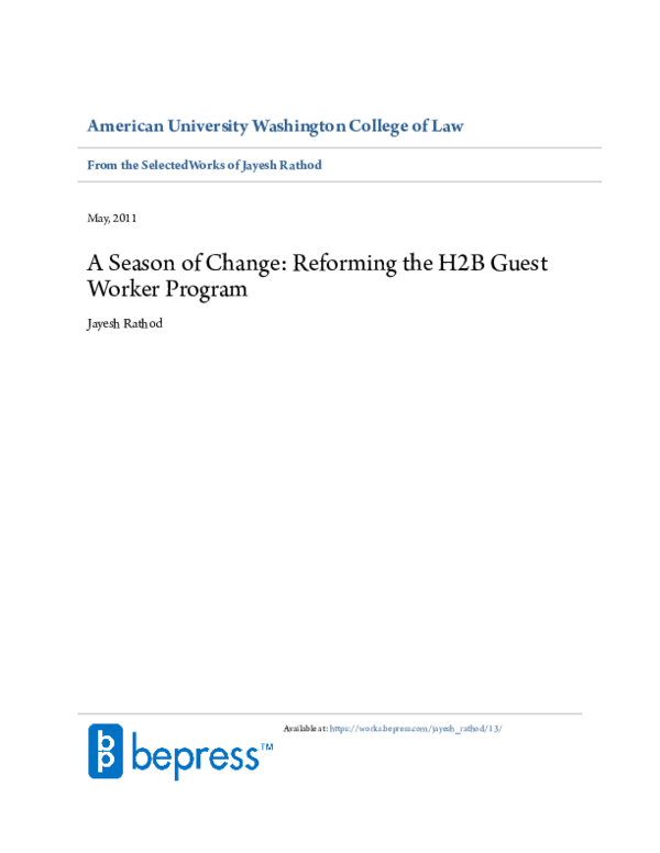 (PDF) A Season of Change: Reforming the H-2B Guestworker Program