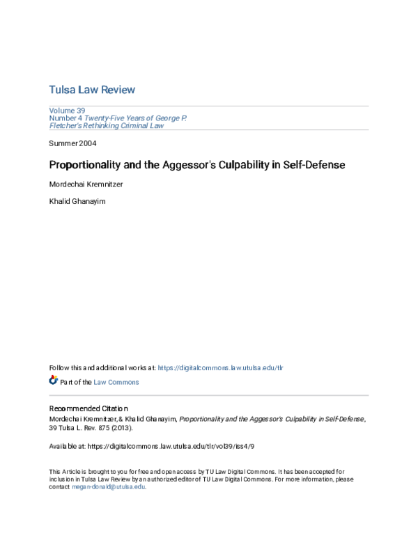 (PDF) Proportionality and the Aggessor's Culpability in Self-Defense