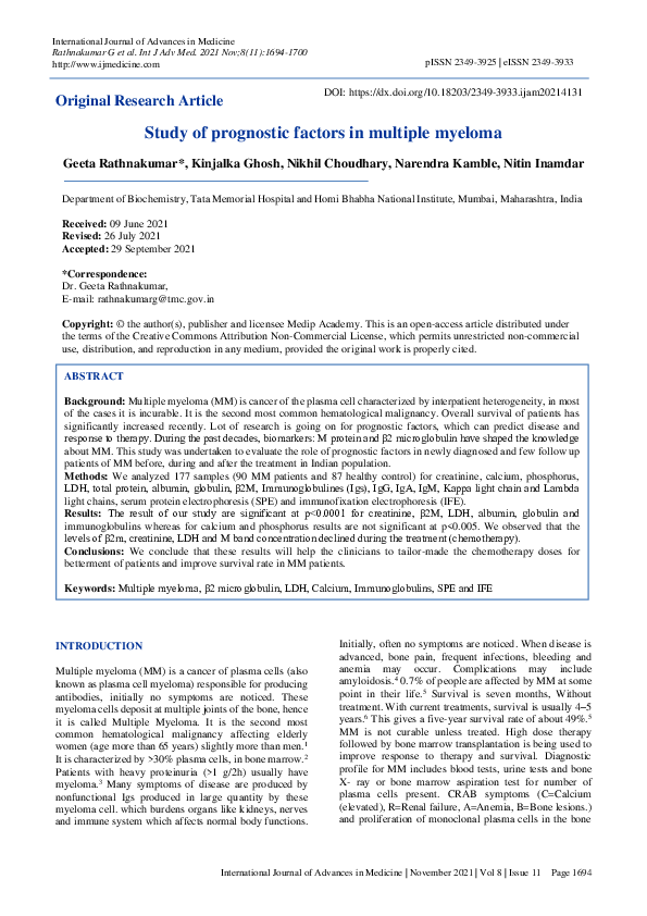 (PDF) Study of prognostic factors in multiple myeloma