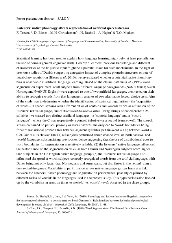 (PDF) Listeners' native phonology affects segmentation of artificial ...