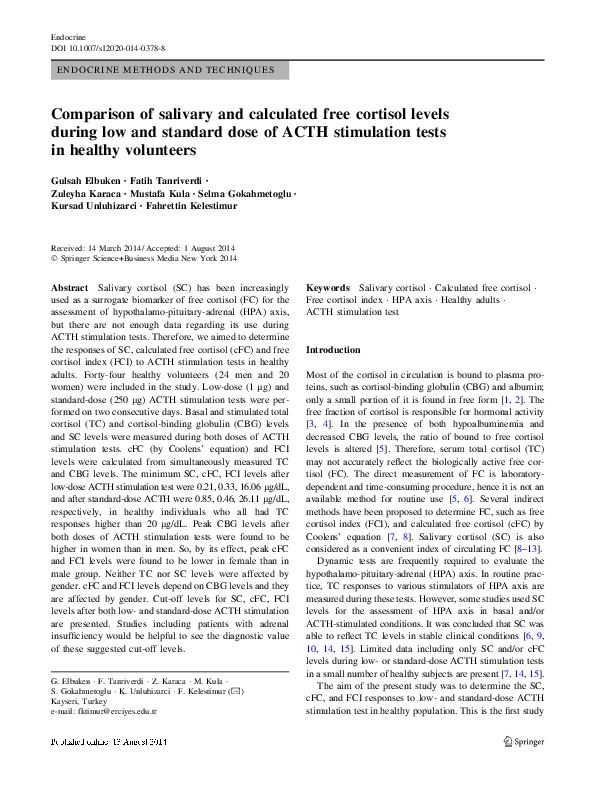 (PDF) Comparison of salivary and calculated free cortisol levels during ...