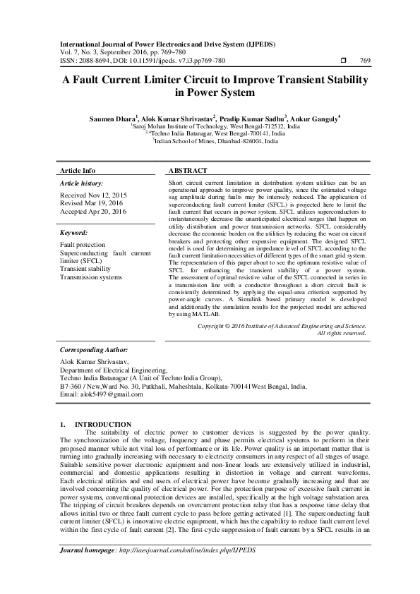 (PDF) A Fault Current Limiter Circuit to Improve Transient Stability in