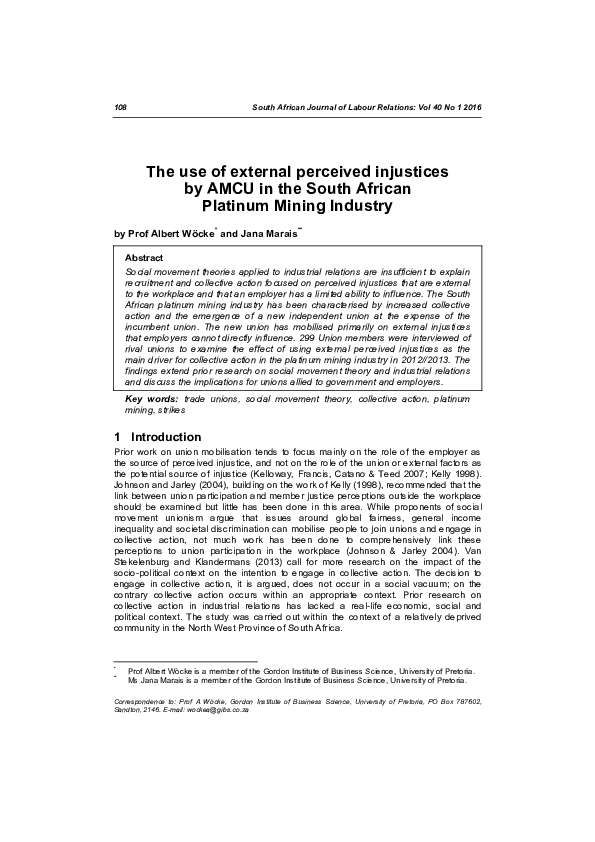 (PDF) The use of external perceived injustices by AMCU in the South ...