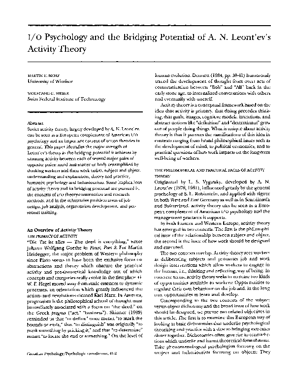 (PDF) I/O Psychology and the bridging of A. N. Leont'ev's activity theory