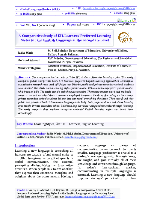 (PDF) A Comparative Study of EFL Learners' Preferred Learning Styles ...