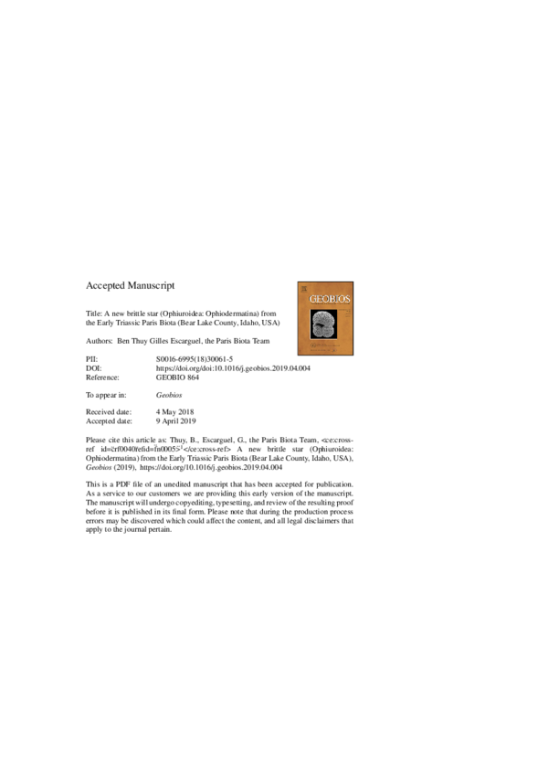 (PDF) A new brittle star (Ophiuroidea: Ophiodermatina) from the Early ...