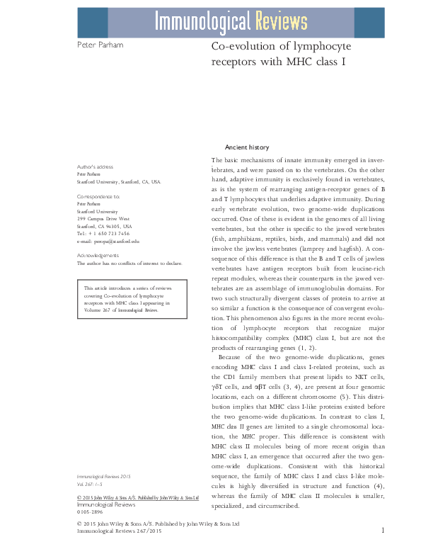 (PDF) Co-evolution of lymphocyte receptors with MHC class I