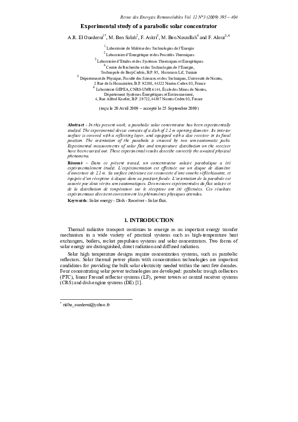 (PDF) Experimental study of a parabolic solar concentrator