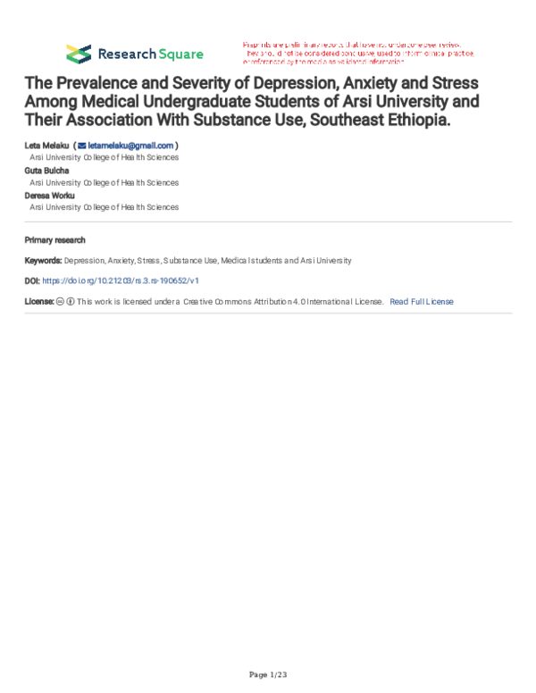 (PDF) The Prevalence and Severity of Depression, Anxiety and Stress ...