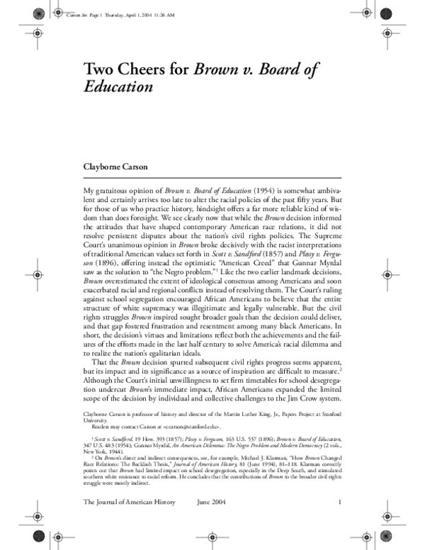 (PDF) Two Cheers for Brown v. Board of Education Clayborne Carson