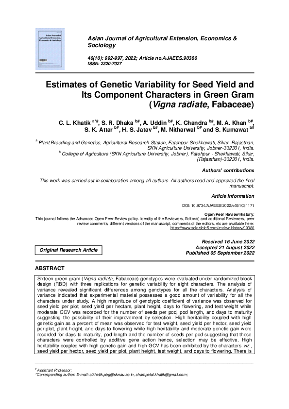 (PDF) Estimates of Genetic Variability for Seed Yield and Its Component ...