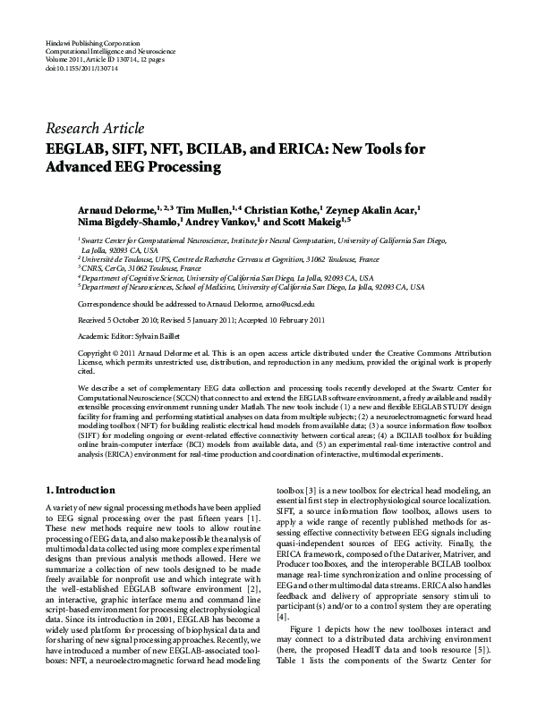 (PDF) EEGLAB, SIFT, NFT, BCILAB, and ERICA: New Tools for Advanced EEG ...