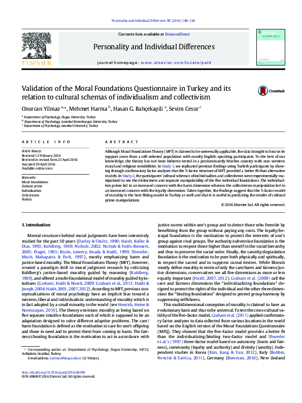 (PDF) Validation of the Moral Foundations Questionnaire in French