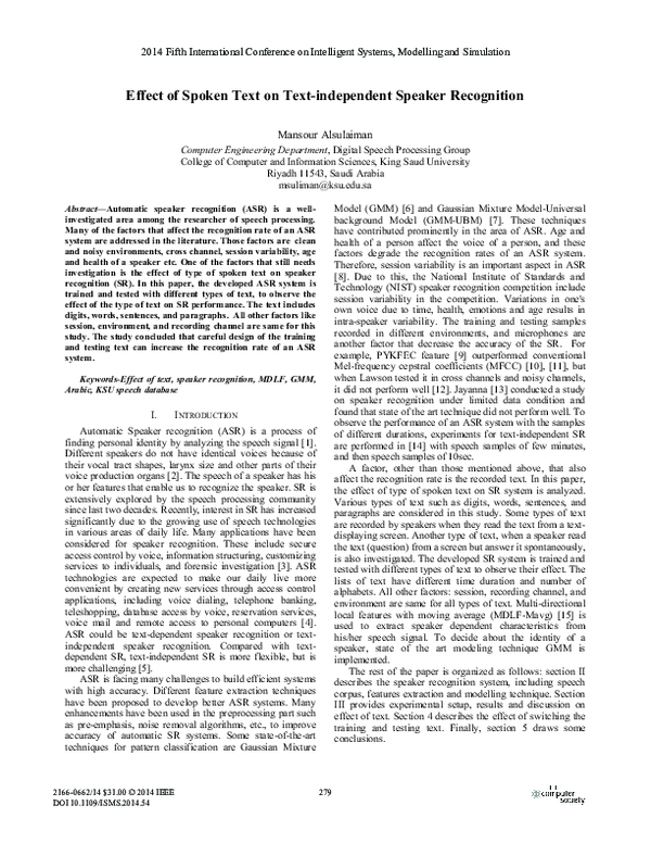 (PDF) Effect of Spoken Text on Text-Independent Speaker Recognition