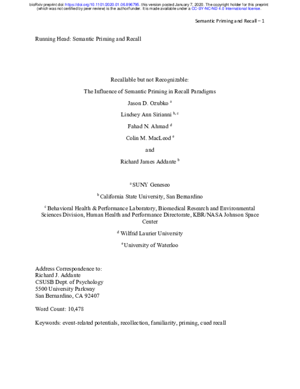 (PDF) Recallable but not Recognizable: The Influence of Semantic ...