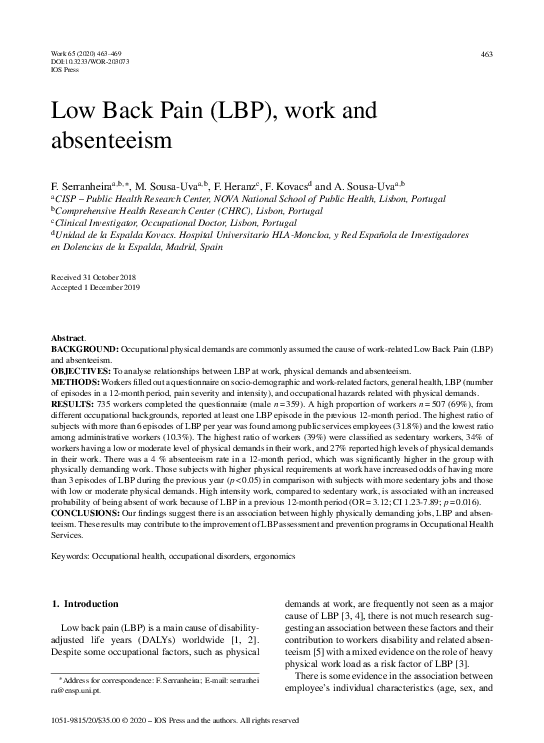 (PDF) Low Back Pain (LBP), work and absenteeism