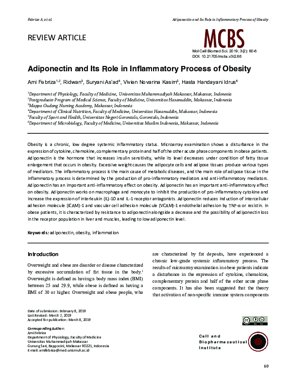 (PDF) Adiponectin and Its Role in Inflammatory Process of Obesity