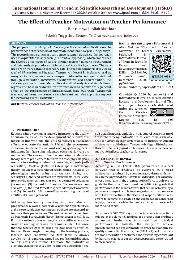 (PDF) The Effect of Teacher Motivation on Teacher Performance