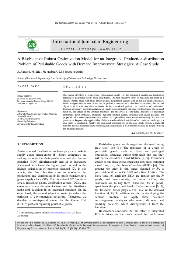(PDF) A Bi-objective Robust Optimization Model for an Integrated ...