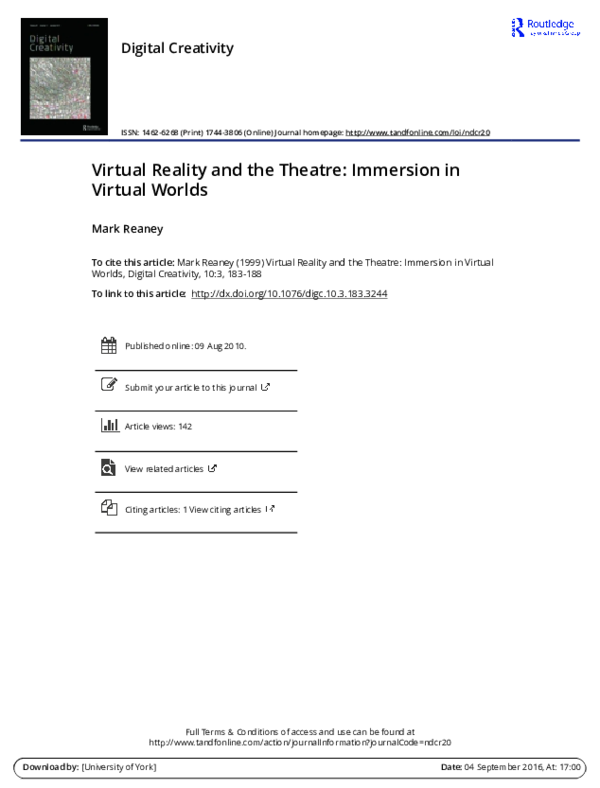 (PDF) Virtual Reality and the Theatre: Immersion in Virtual Worlds