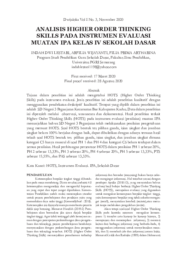 (PDF) Analisis Higher Order Thinking Skills pada Instrumen Evaluasi ...