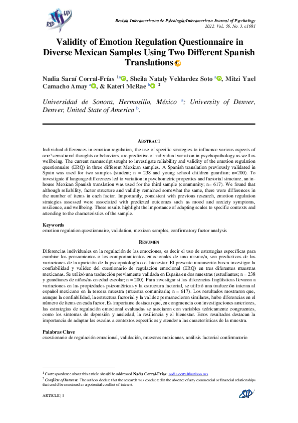 (PDF) Validity of Emotion Regulation Questionnaire in Diverse Mexican ...