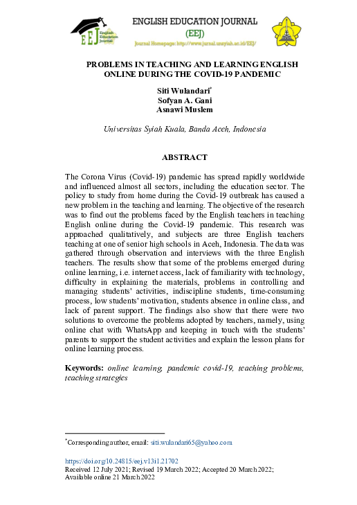 (PDF) Problems in teaching and learning English online during the Covid ...