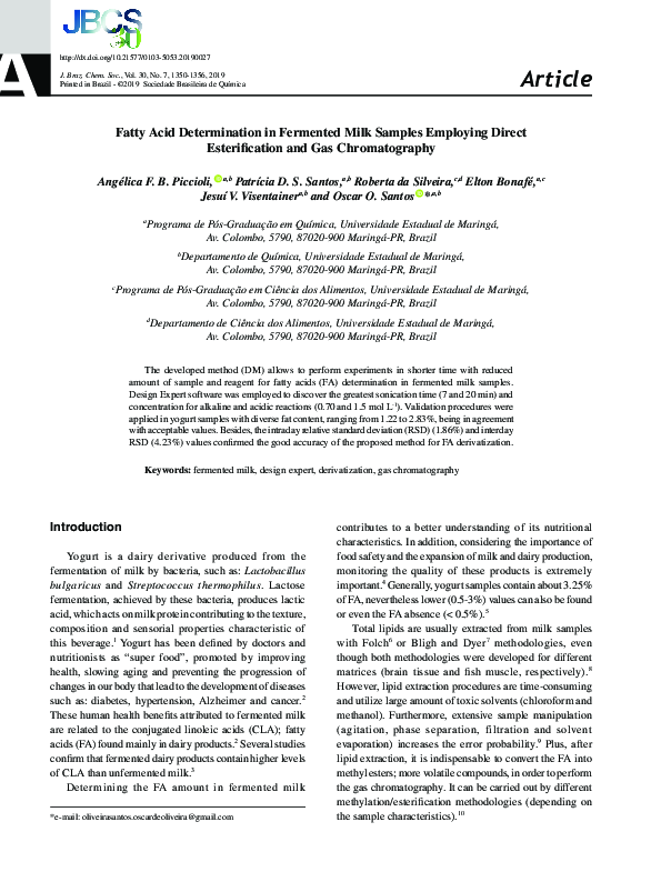 (PDF) Fatty Acid Determination in Fermented Milk Samples Employing ...