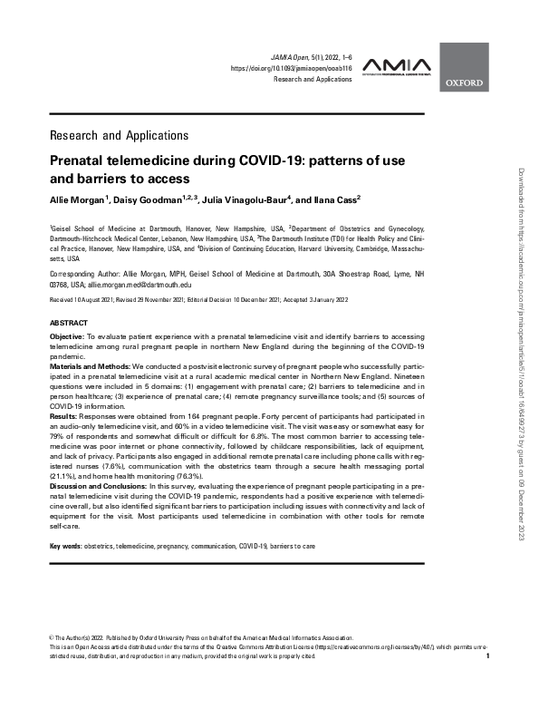 (PDF) Prenatal telemedicine during COVID-19: patterns of use and ...