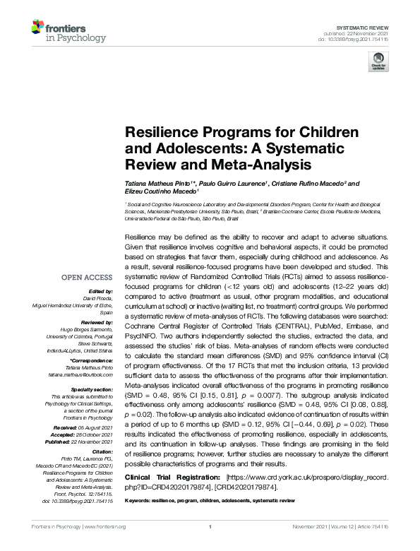 (PDF) Resilience Programs for Children and Adolescents: A Systematic ...