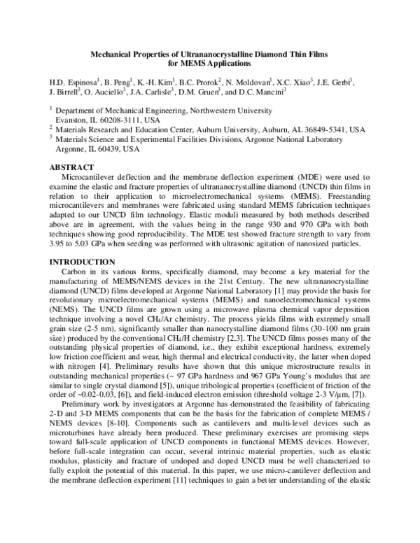 (PDF) Mechanical Properties of Ultrananocrystalline Diamond Thin Films ...