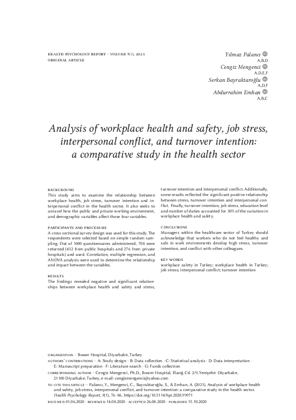 (PDF) Analysis of workplace health and safety, job stress ...