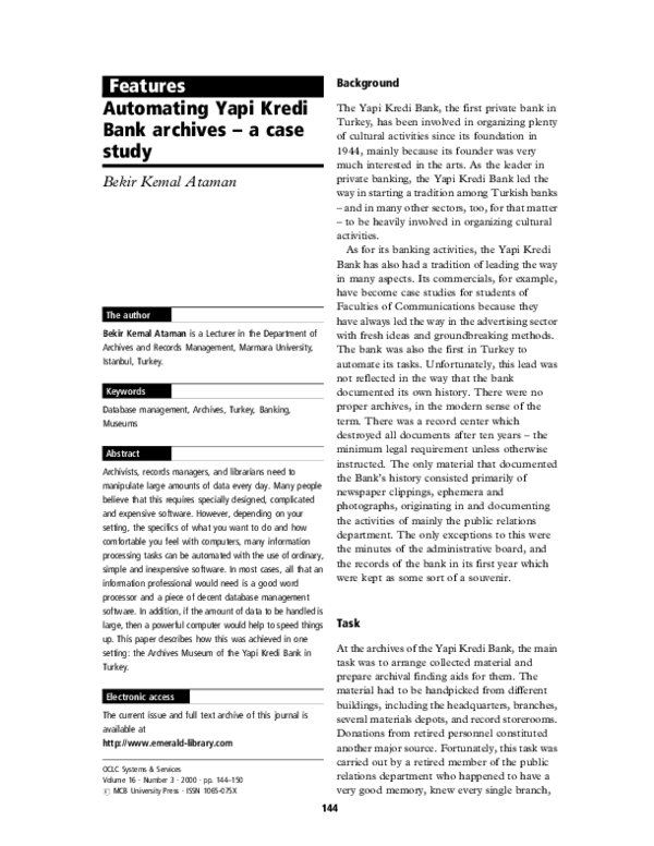 (PDF) Automating Yapi Kredi Bank archives a case study