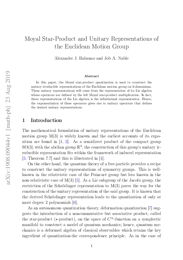 (PDF) Moyal Star-Product and Unitary Representations of the Euclidean ...