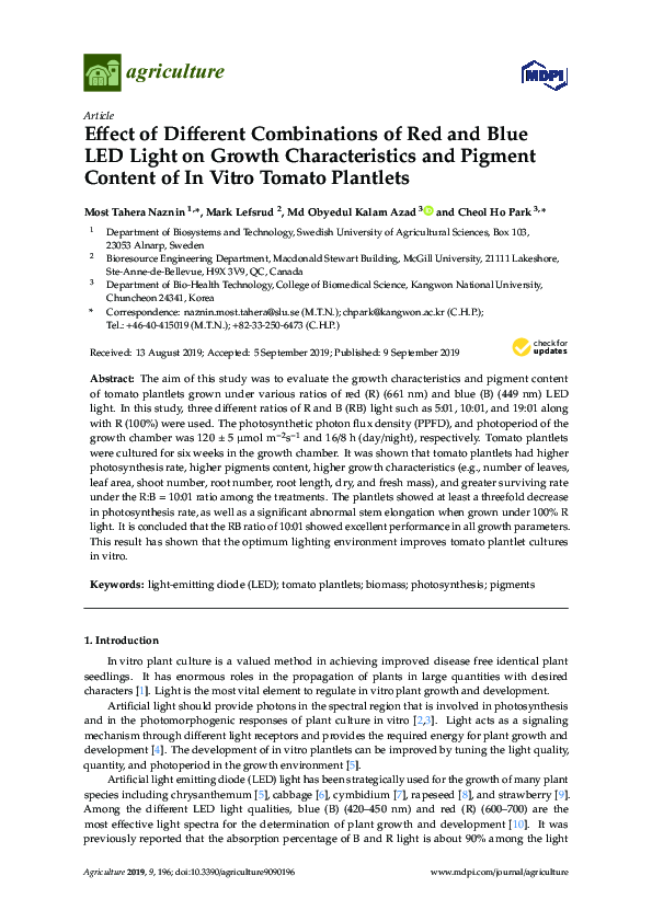 (PDF) Effect of Different Combinations of Red and Blue LED Light on ...