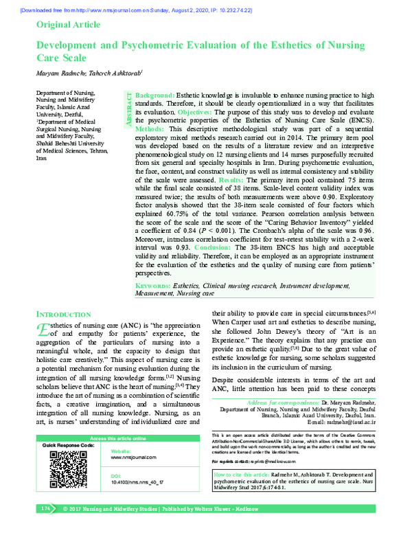 (PDF) Development and psychometric evaluation of the esthetics of ...